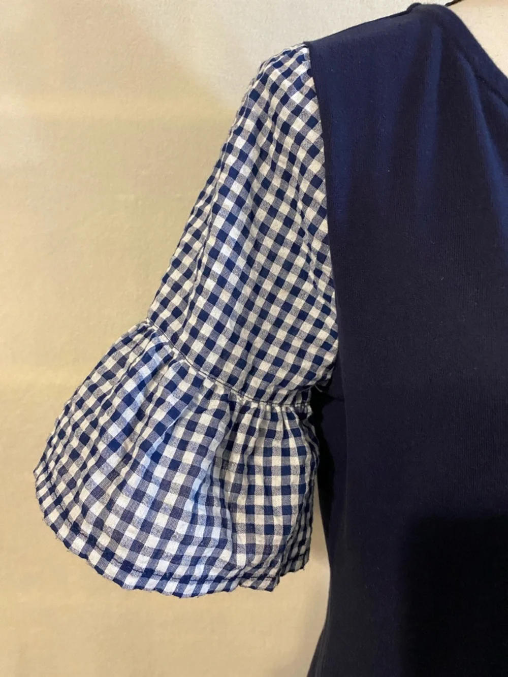 J. Crew navy blue & white gingham check bell sleeve dress